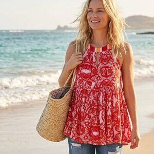 FREE PEOPLE top red floral mock halter - S